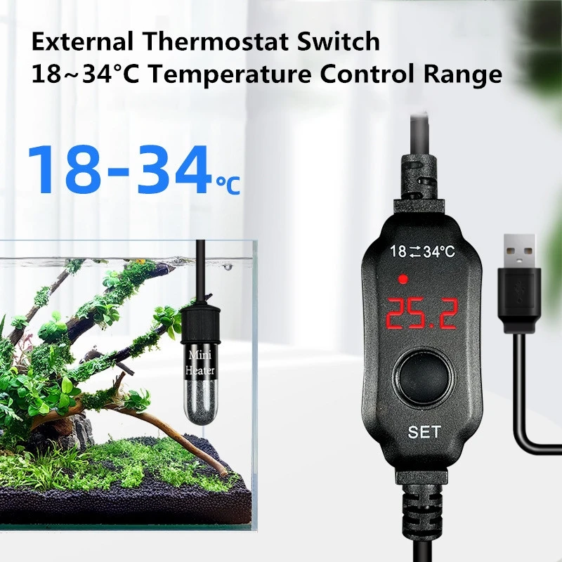 Mini calentador de tanque de peces de acuario con varilla de calentamiento de carga USB, termostato sumergible, temperatura ajustable, 18-34 ℃