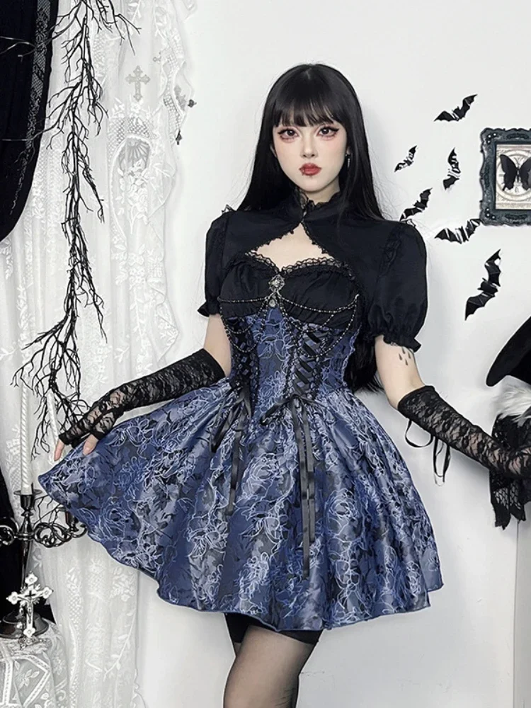 AltGoth-vestido gótico oscuro de Lolita para mujer, ropa de calle Harajuku, Hada estética Grunge, encaje de retales, vendaje, corsé, ropa de fiesta