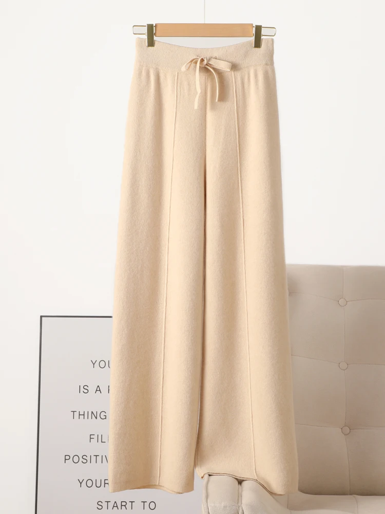 Pantalones de pierna ancha tejidos de lana merina de 100% para mujer, pantalones básicos de punto de Cachemira suaves y cálidos para otoño e invierno, estilo informal Simple coreano