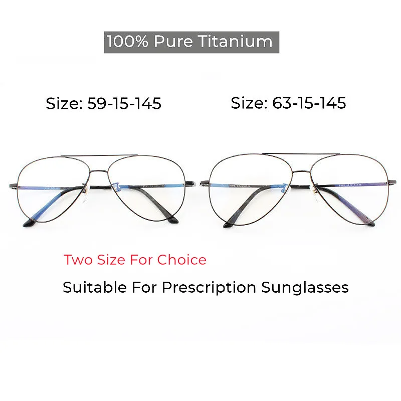 Montura óptica de titanio puro graduada para hombres, gafas de piloto, gafas de sol, uso de cara grande y ancha, doble puente de 63mm de ancho