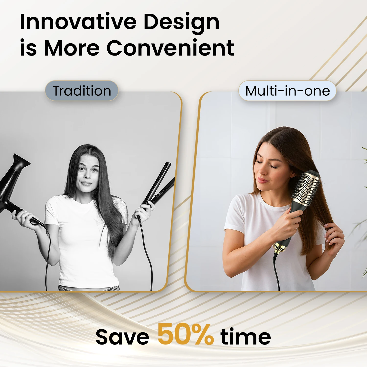 Cepillo de Aire Caliente y Voluminizador LISAPRO One-Step PLUS 2.0, Secador y Estilizador de Cabello, Nuevo Cepillo Rizador de Cabello Negro Dorado