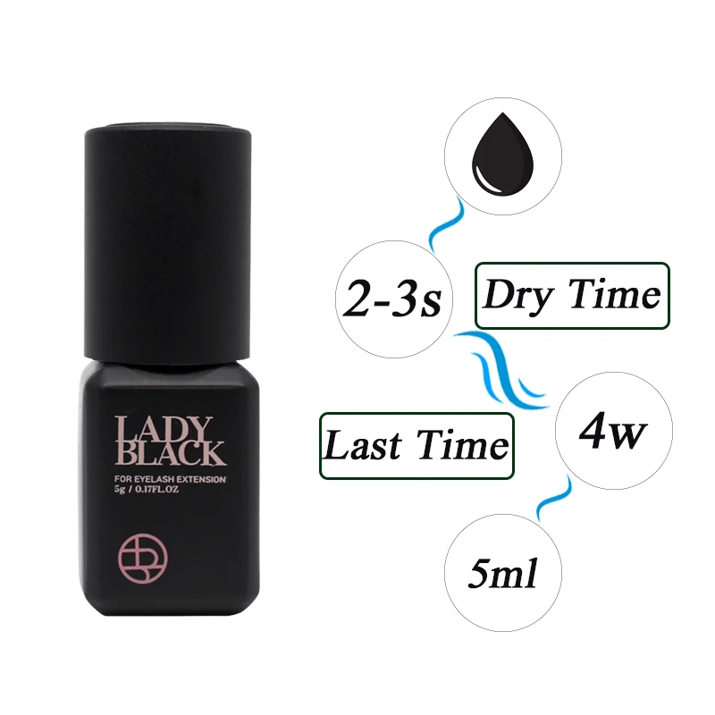 Pegamento Coreano Lady Black de 5ml para Extensiones de Pestañas, Secado Rápido, Fuerte Retención de 4-5 Semanas, Adhesivo para Pestañas de Baja Irritación