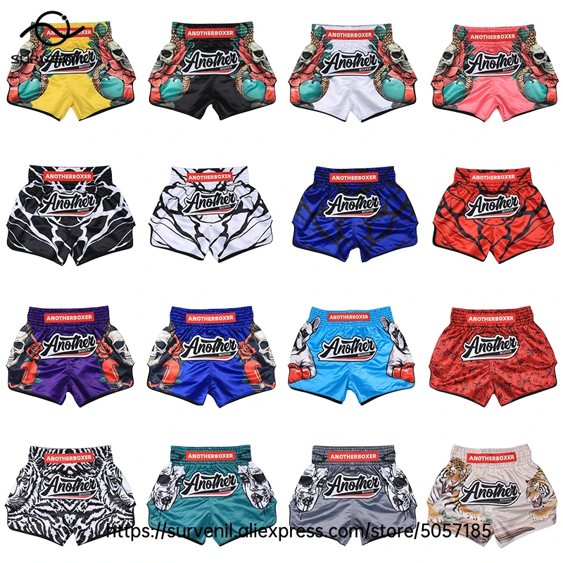 Pantalones cortos Muay Thai para hombres y mujeres, pantalones cortos de entrenamiento de lucha MMA transpirables, equipo deportivo de combate de secado rápido, pantalones cortos de boxeo sublimados con calavera