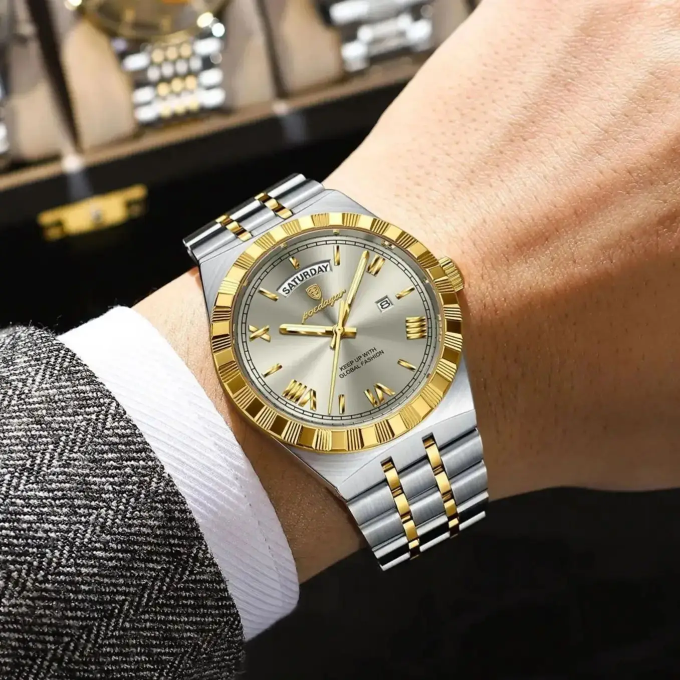 POEDAGAR, reloj de negocios a la moda para hombre, luminoso, resistente al agua, fecha semanal, reloj de pulsera de lujo para hombre, relojes de cuarzo de acero inoxidable para hombre