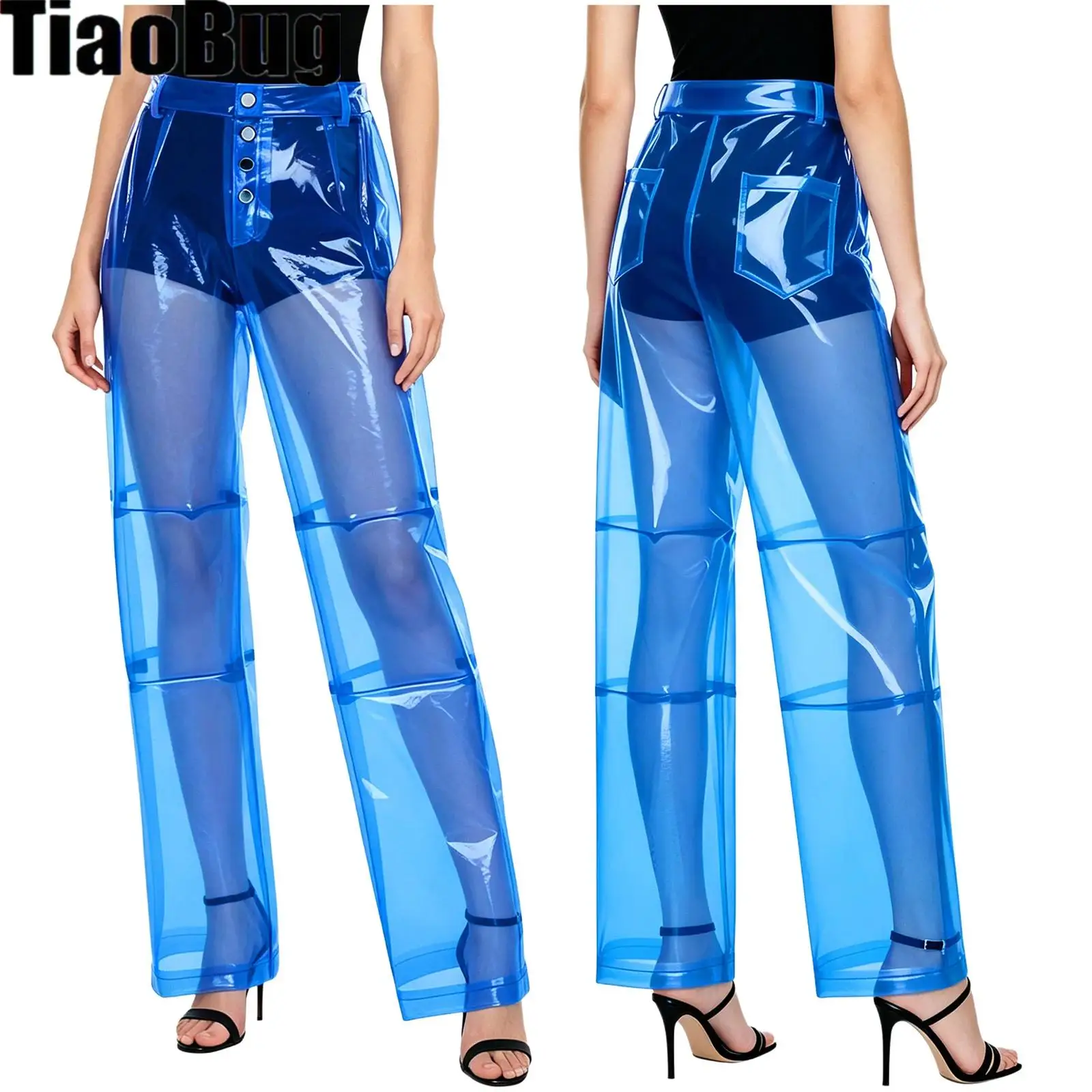 Pantalones de PVC para Mujer, con Botones en la Cintura, Bolsillos Traseros, Pierna Ancha, Corte Recto, Transparentes, para Fiestas, Bailes y Eventos