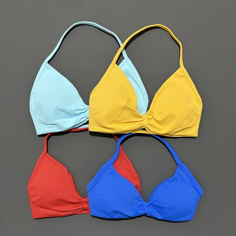 Sujetador deportivo con tiras y espalda descubierta para Yoga, sujetador de gimnasio, Push-up, copas extraíbles, ropa de entrenamiento para mujer, Top de gimnasio, sujetadores deportivos con cuello Halter