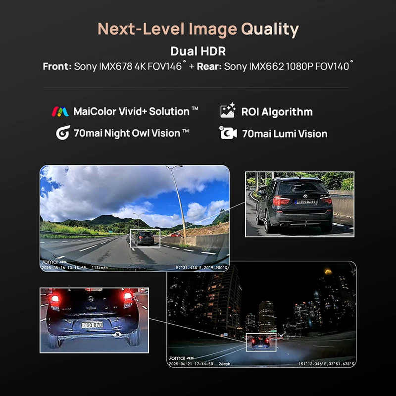 Cámara para Auto 70mai A810S 4K HDR GPS ADAS con Grabación Automática, Detección de Movimiento de Doble Canal, Soporte 4G LTE, DVR para Auto, Versión Global 70mai A810S