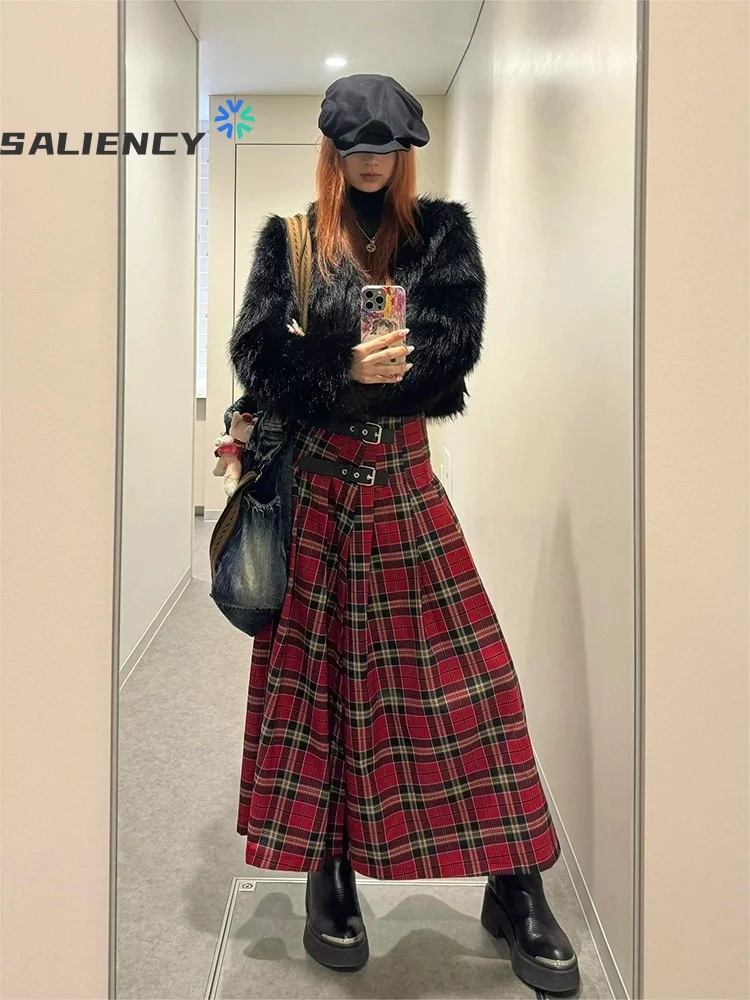 Falda larga acampanada a cuadros rojos Retro francés para mujer, faldas plisadas rectas de cintura alta de longitud media, ropa de calle Y2k para primavera