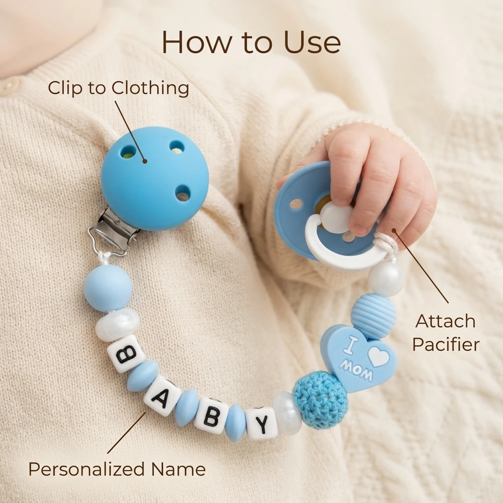 Soporte de silicona personalizado para mordedor de bebé, clip para chupete con nombre personalizado, cadena para chupete azul sin BPA, regalo para baby shower 'I Love Mom'