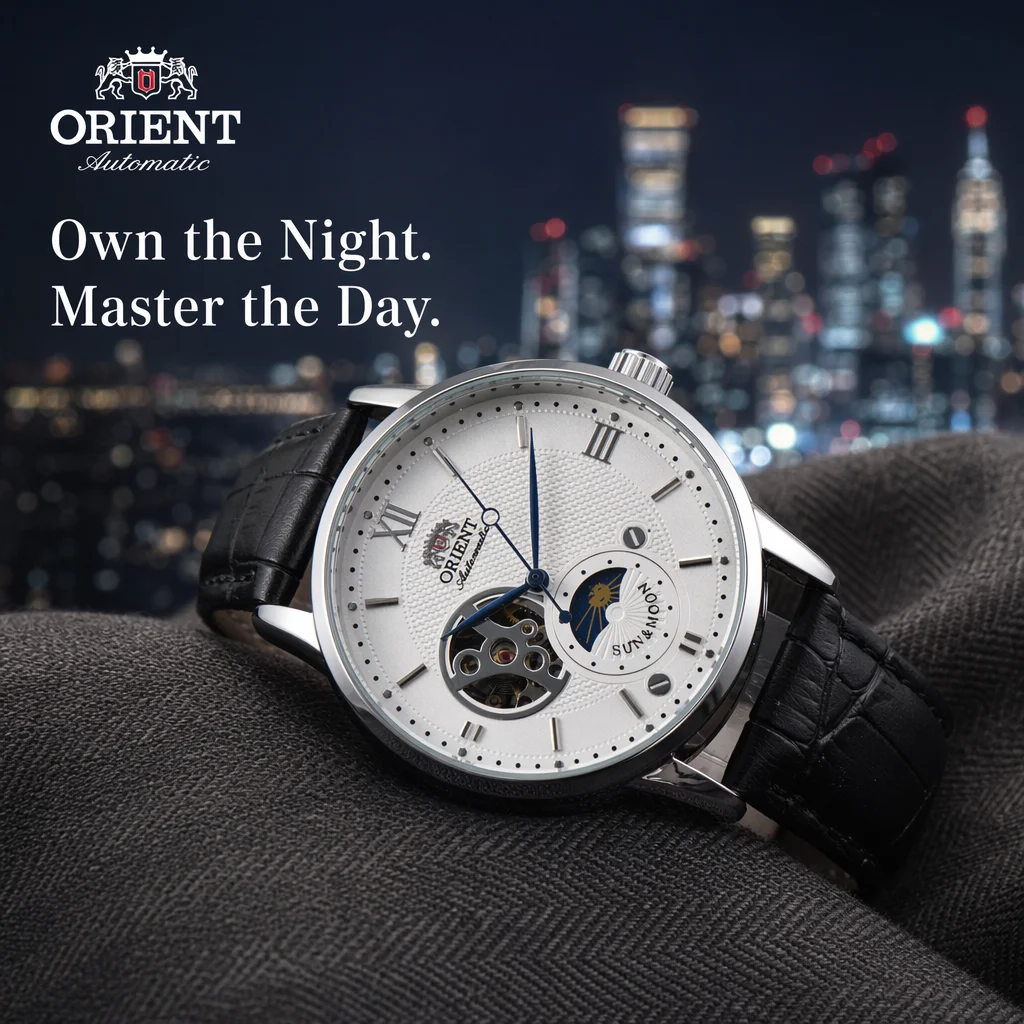 Reloj Mecánico Automático Orient para Hombre, Fase Solar y Lunar, Esfera Esqueletizada, Correa de Cuero con Textura de Cocodrilo, Reloj de Pulsera para Caballero de Negocios