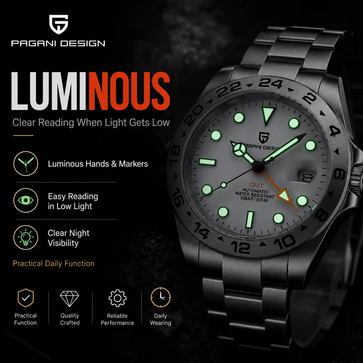 Reloj PAGANI Design 2026, Nuevo Reloj Mecánico Automático para Hombre, Reloj GMT de 42 mm, Reloj de Acero Inoxidable con Zafiro, Resistente al Agua, Reloj Hombre