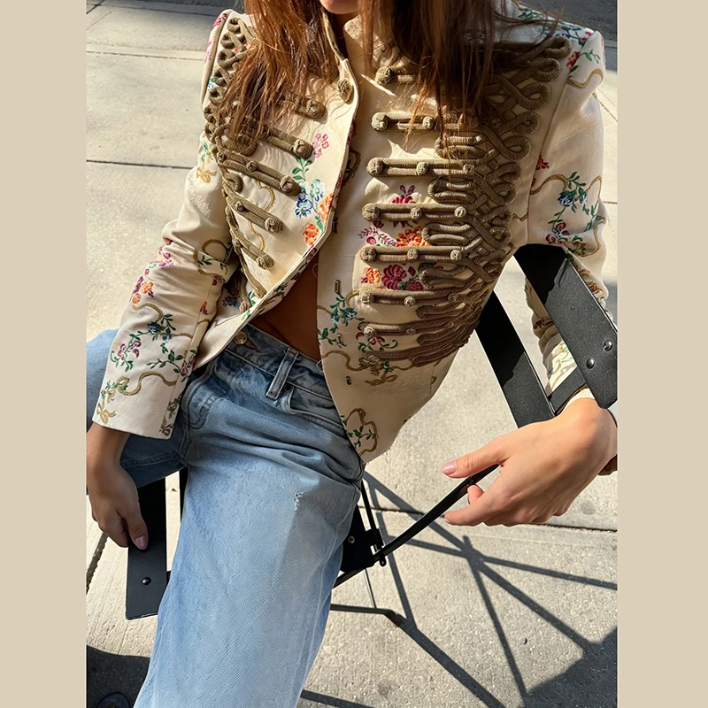 Chaqueta Militar Corta con Estampado Floral Vintage para Mujer, Cuello Alto, Adornos Trenzados, Estilo Real, Blazer Urbano