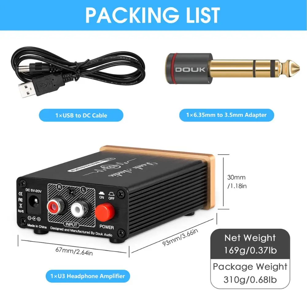 Douk Audio U3 Mini amplificador de auriculares Clase A pura HiFi amplificador estéreo de escritorio doméstico ultracompacto para auriculares HD580/HD600/HD650