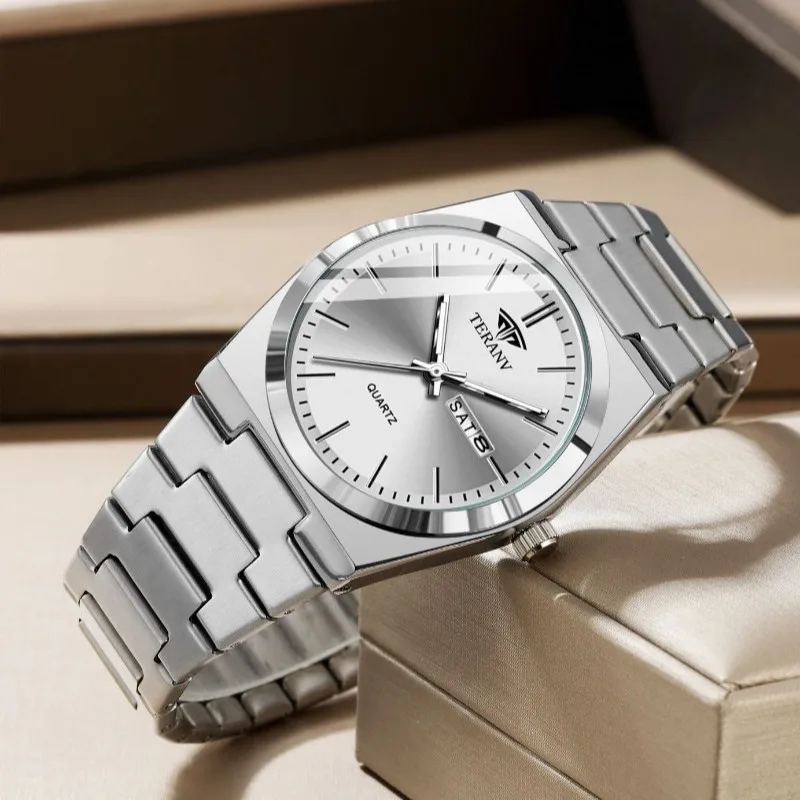 Reloj para hombre, reloj delgado de cuarzo de moda con calendario de acero inoxidable