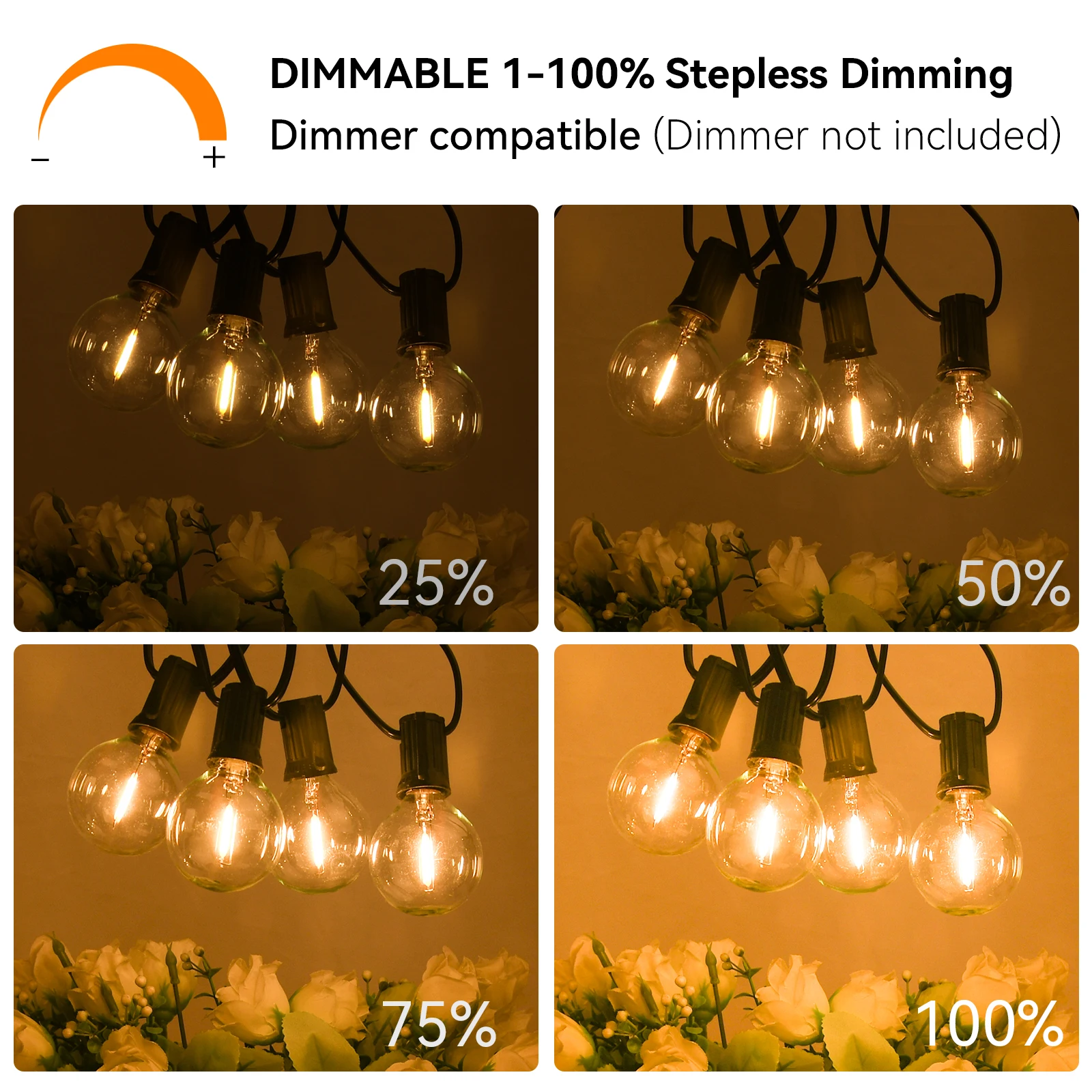 Guirnalda de luces LED para exteriores G40 de 36 m con 64 bombillas de plástico Cadena de luces acoplables para exteriores para jardines, bodas, fiestas, terrazas