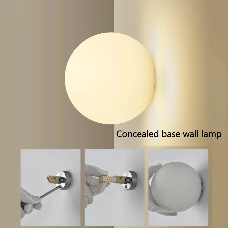 Nuevas lámparas de pared de cristal con Base oculta, luz de pared de bola redonda blanca lechosa Bauhaus francesa para mesita de noche, sala de estar, baño, espejo Dec