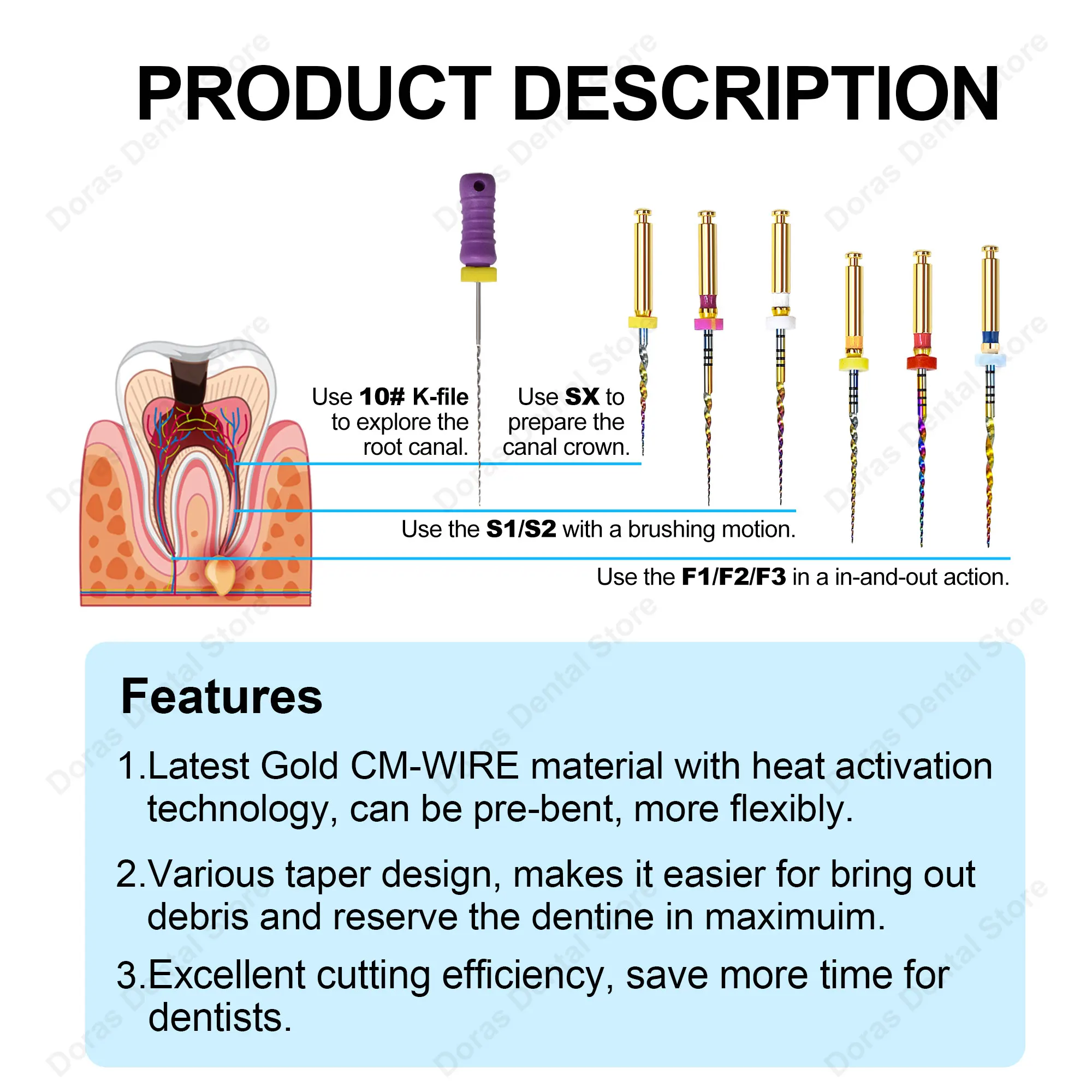 Sistema de limas dentales Glin Dental Rainbow, limas rotatorias superiores para endodoncia y conductos radiculares, modelo SX-F3, para uso odontológico, autoclavables, para la limpieza en odontología.
