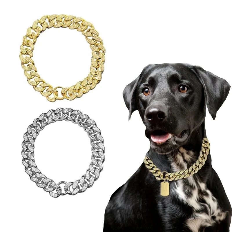 Collar de plástico con diamantes de imitación para perro, cadena dorada de lujo para adornos de Bulldog Francés, Collar para perros pequeños y grandes, accesorios para mascotas y gatos