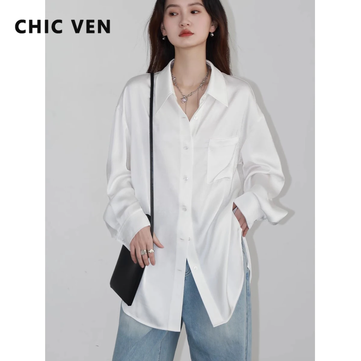 CHIC VEN Blusa de Moda para Mujer, Manga Larga, Blanca, Lisa, con Abertura Lateral, Holgada, para Oficina, Primavera Verano 2026