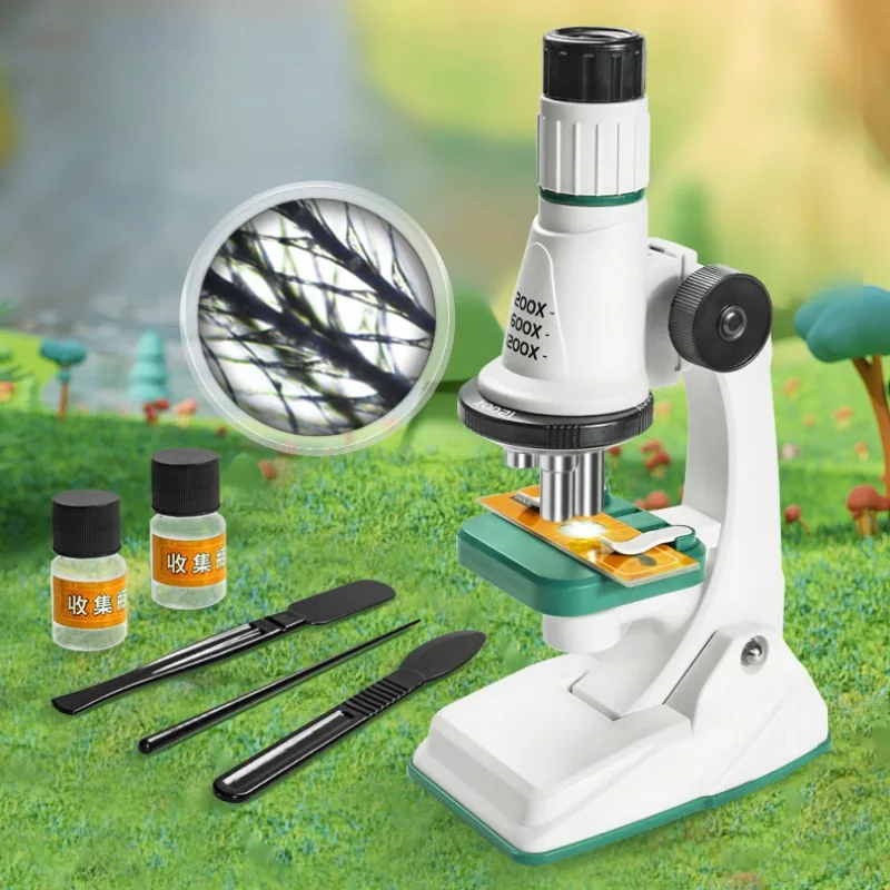 Kit de microscopio para niños, 200x 600x 1200x, juguete de tallo de ciencia biológica, lupa de mano, microscopio de bolsillo educativo escolar con luz LED