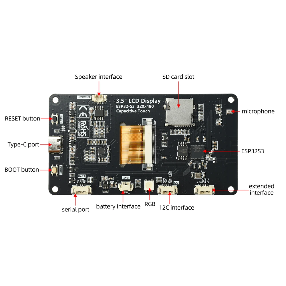 Placa de Desarrollo ESP32-S3 con WiFi y Bluetooth, Pantalla LED IPS de 3.5 Pulgadas 320*480, Módulo de Pantalla Táctil, Compatible con Xiaozhi AI, Tipo C
