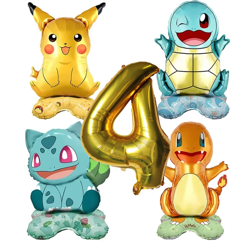 Set de 5 Globos de Látex con Números de Pokémon: Pikachu, Charmander, Squirtle, Bulbasaur, para Decoración de Fiestas de Cumpleaños