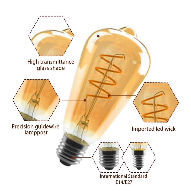 Bombilla LED de Filamento Espiral Retro A60 C35 ST64 T45 G80 G95 G125 T1225 4W E27 220V Regulable, Lámpara Edison 2200K Luz LED Amarilla Cálida