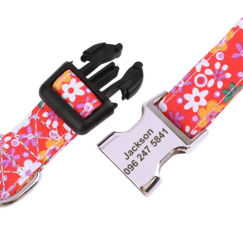 Collar personalizado con estampado Floral para mascotas, Collar de Nylon para perro con grabado gratuito, para perros pequeños, medianos y gatos, etiqueta de identificación de nombre