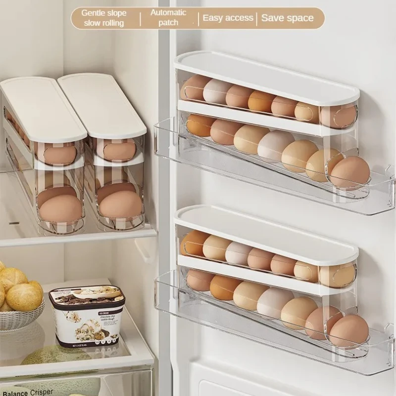 Caja de Almacenamiento de Huevos para Refrigerador de Dos Niveles, Dispensador de Huevos Automático con Rodillos, Organizador de Huevos en Forma de Escalera