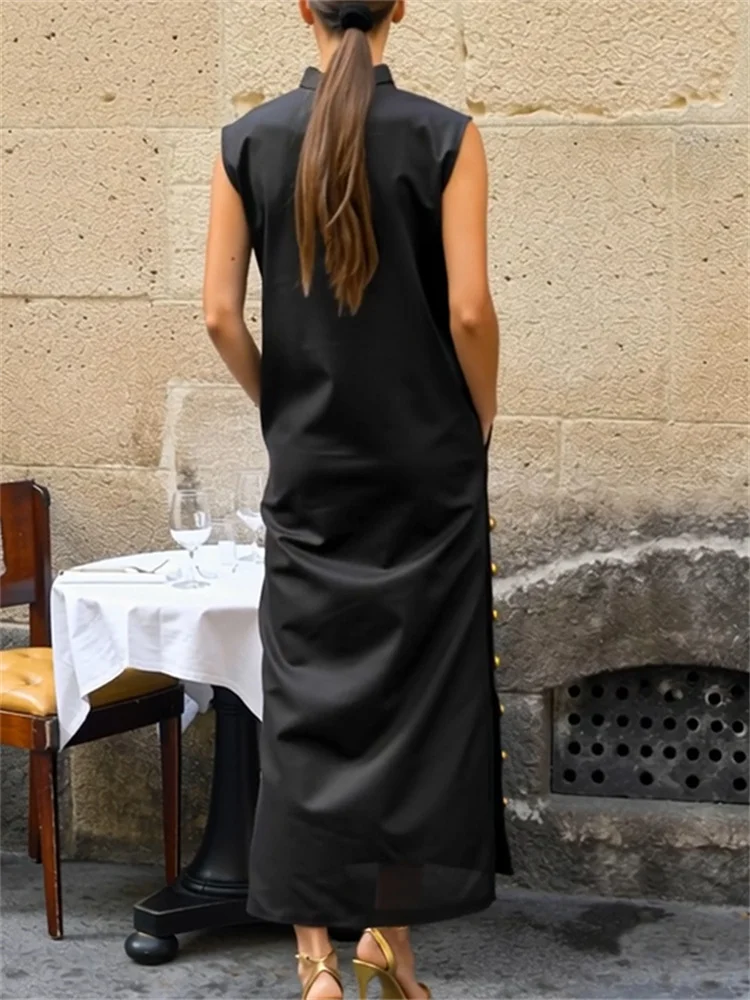 Vestido de Noche Yeezzi para Mujer, con Botones Laterales, Cuello Alto, Sin Mangas, Color Sólido, Corte en H, Estilo Casual, Nuevo 2026