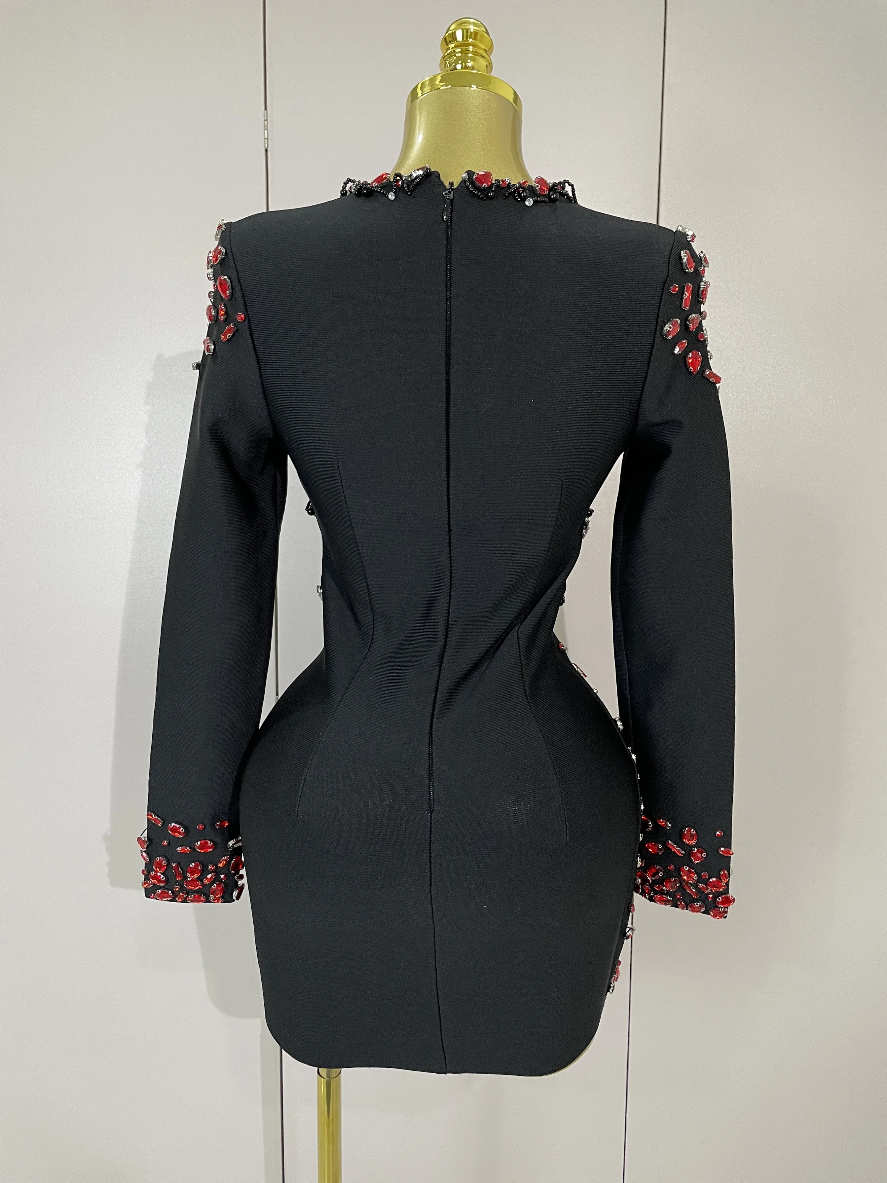 Vestido Bandage negro con diamantes de imitación y cuello en V de manga larga para mujer, vestidos elegantes de lujo para fiesta de cumpleaños y Club nocturno 2025