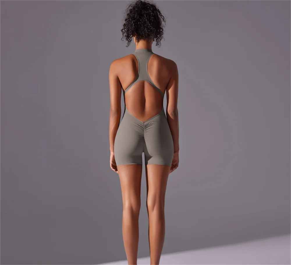 Color sólido de alta intensidad nude ajustado deportes espalda mono yoga traje ajustado correr fitness traje