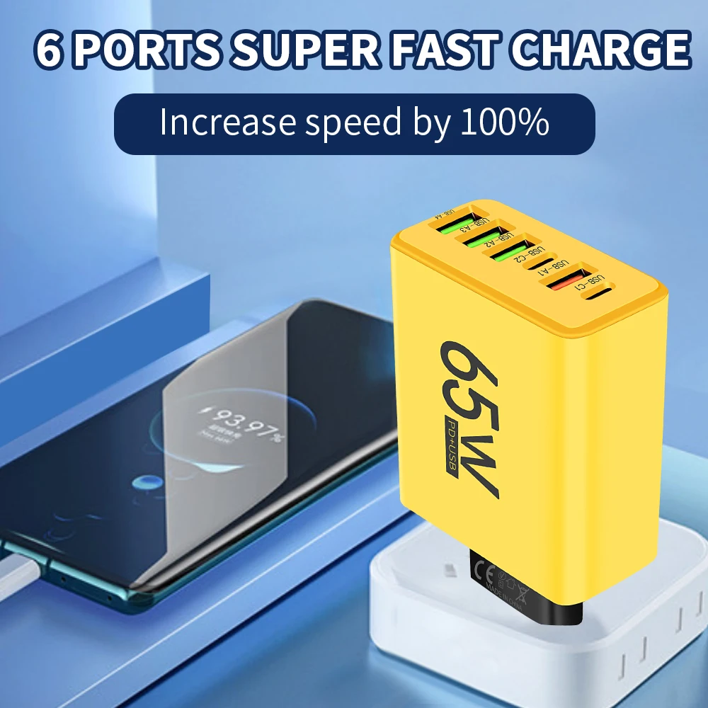 Cargador USB PD 65W, cargador rápido de 6 puertos tipo C, cargador de teléfono móvil para Iphone 16 15 Pro Max Xiaomi Huawei Samsung, cargador rápido