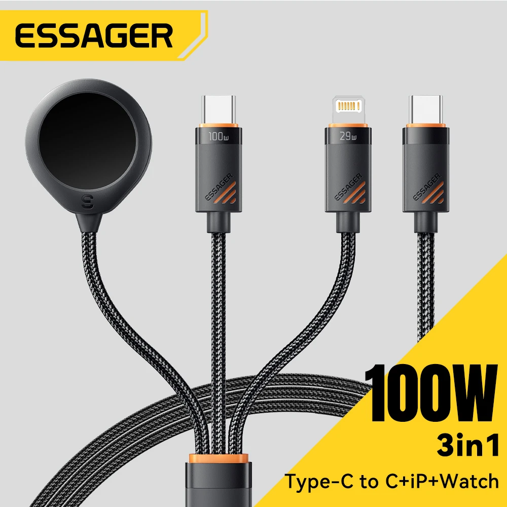 Essager Cable de carga USB C 3 en 1 de 100W para Apple iWatch iPhone 16/15/14/13 Pro con Cable de carga rápida Lightning tipo C