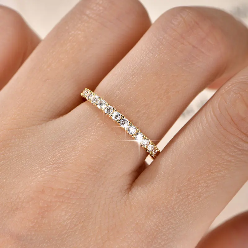 Anziw Anillo de Moissanita Completa de 2mm Color D para Mujer, Brillante Banda de Eternidad para Boda, Anillo de Compromiso de Oro Laminado de 14k, Joyería