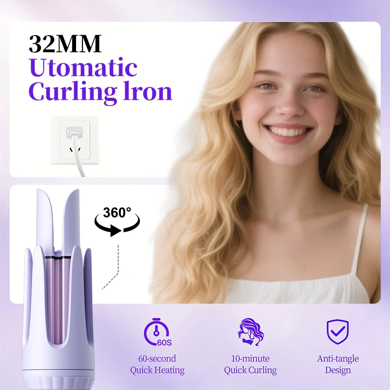Rizador de Pelo Automático de 32 mm, Rizador de Pelo Giratorio de Cerámica, Herramienta Profesional para Ondular el Pelo, Rizador de Pelo para Cabello Largo