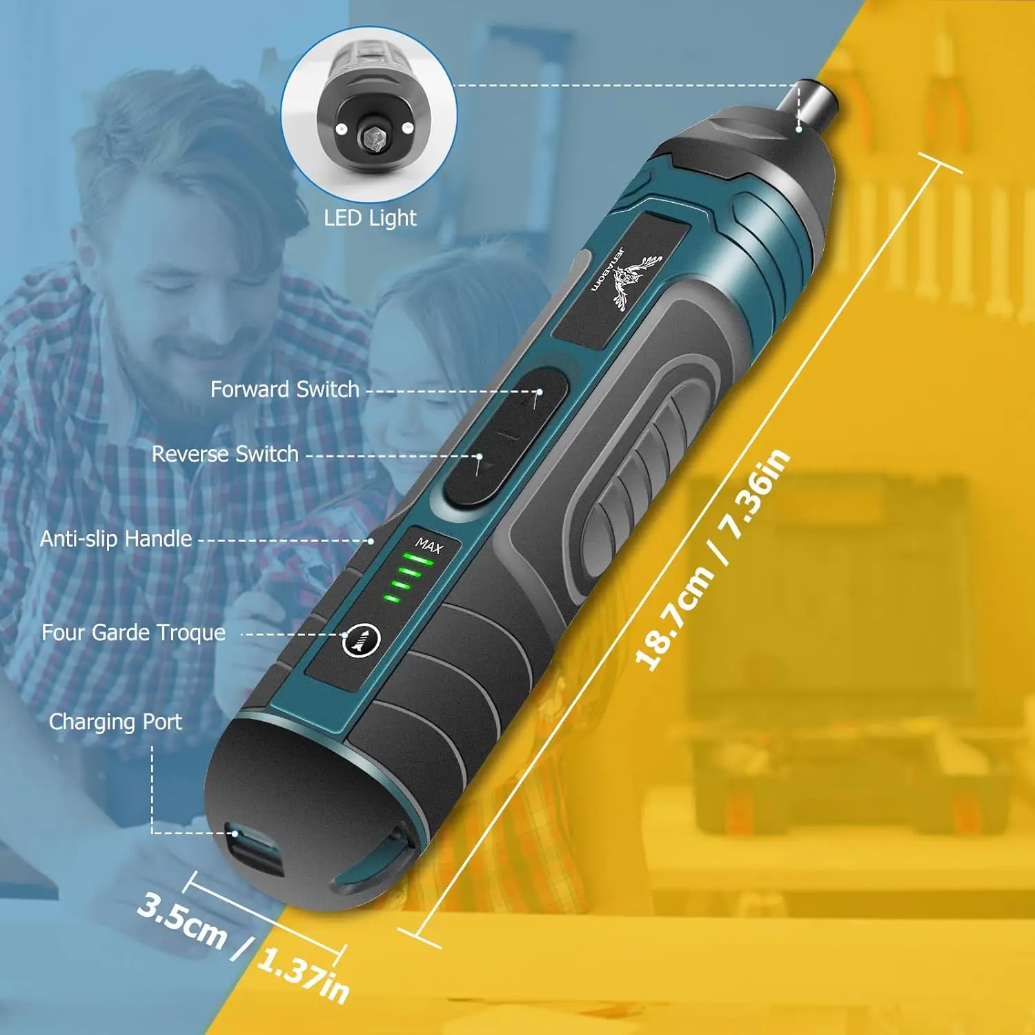 Destornillador eléctrico con ajuste de torque de 4 velocidades, luz LED de trabajo, mango de goma suave, destornillador eléctrico portátil recargable por USB para reparaciones domésticas de bricolaje