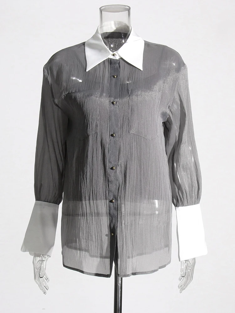 TWOTWINSTYLE-Conjuntos de dos piezas para mujer, camisas de manga larga con solapa de Color impactante, Chaleco de manga con cuello cuadrado, conjunto suelto, novedad de verano