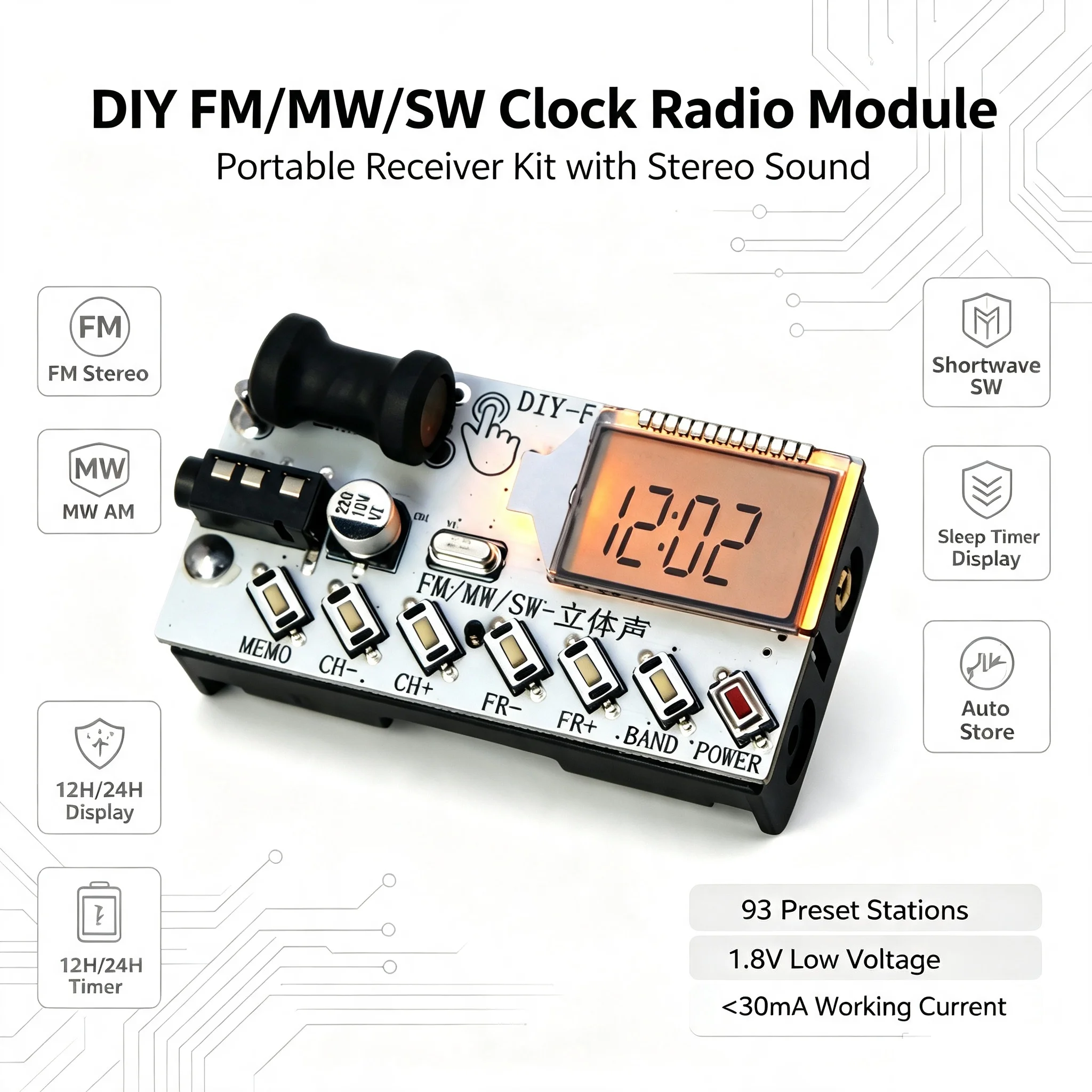 Radio AM FM MW SW con reloj digital, pantalla LCD, receptor de onda media y onda corta de 4 bandas, radio con auriculares para recepción de transmisiones.