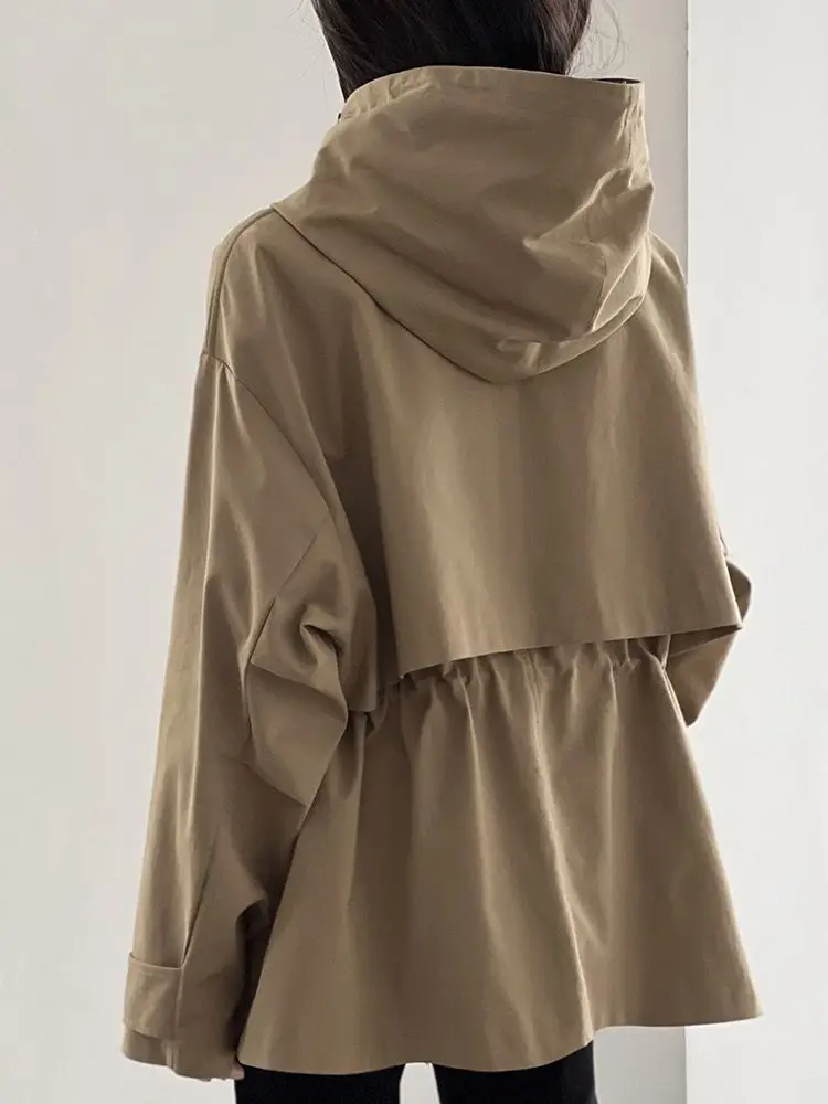 Gabardina con capucha de algodón caqui para mujer, abrigo corto nuevo de otoño e invierno, Top holgado informal Retro