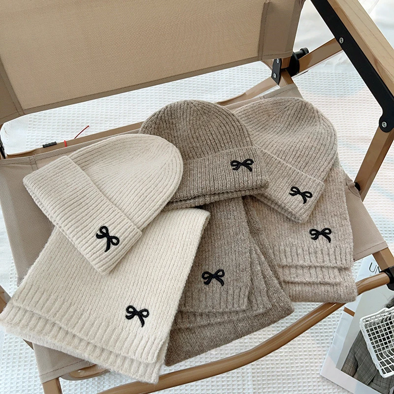 Gorros de punto coreanos para niños, traje de bufandas, gorro de invierno para niños, gorro grueso suave para niñas y niños, gorro cálido bordado con bonito lazo, 2 uds.