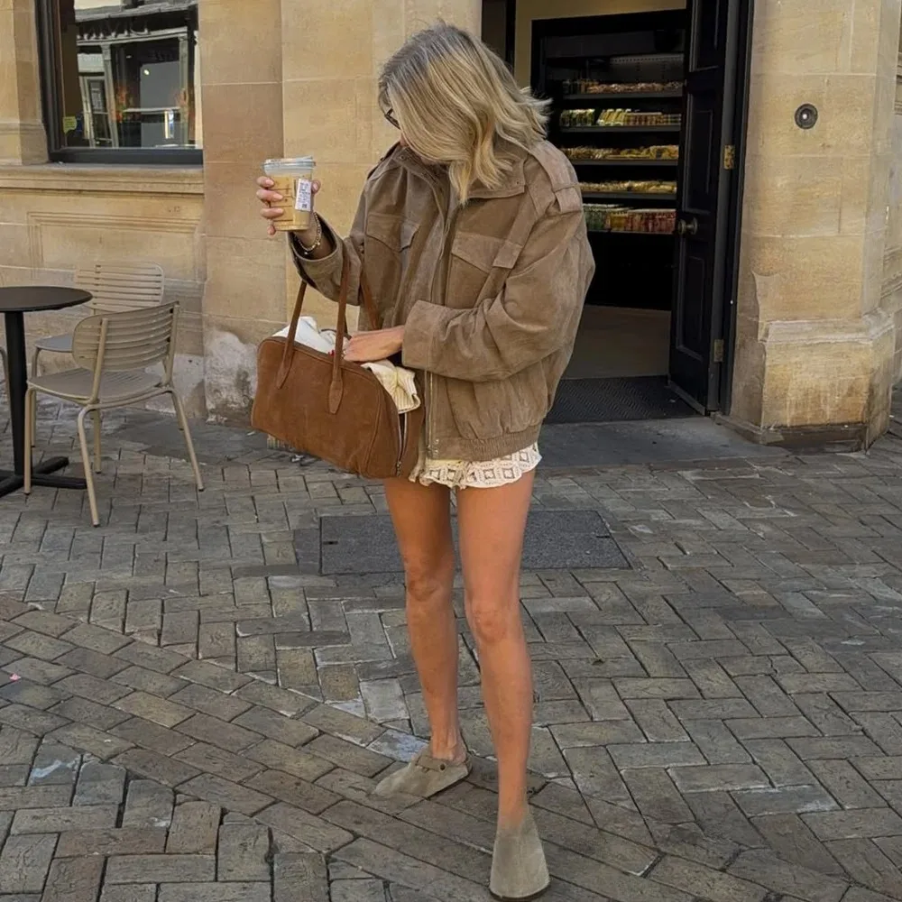 KONDALA, chaqueta Bomber elegante de gamuza para mujer, abrigo holgado recto con bolsillos de manga larga para mujer, moda Otoño Invierno 2021, prendas de vestir