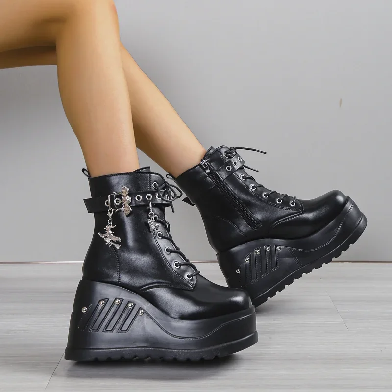 Botas nuevas para mujer, moda 20224, gran oferta, tacones de plataforma góticos Punk, botas de cuña para mujer, zapatos informales góticos Punk talla 43 para mujer