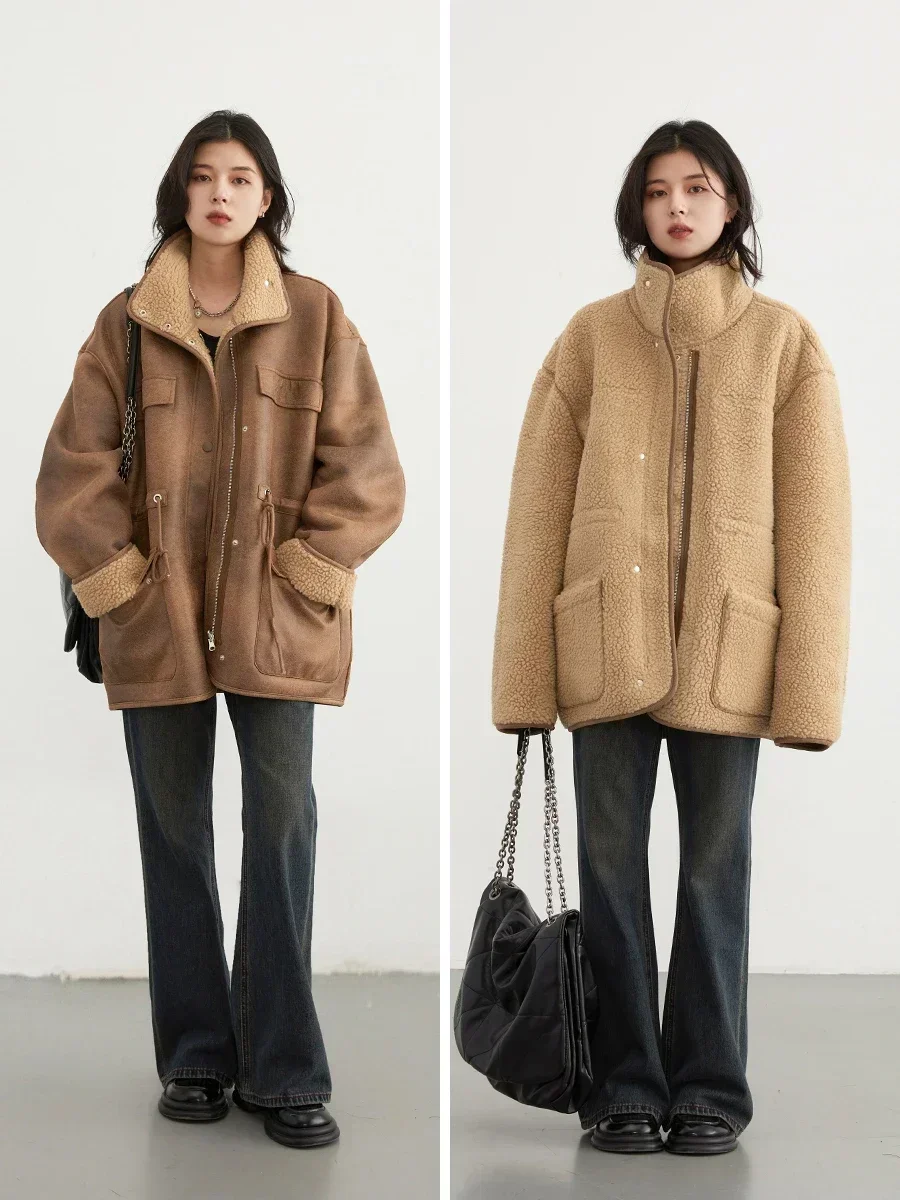 Chaquetas CHIC VEN para mujer, chaqueta Reversible de gamuza Lisa gruesa y cálida, abrigo exterior para motocicleta, abrigo holgado para mujer para invierno y otoño 2023