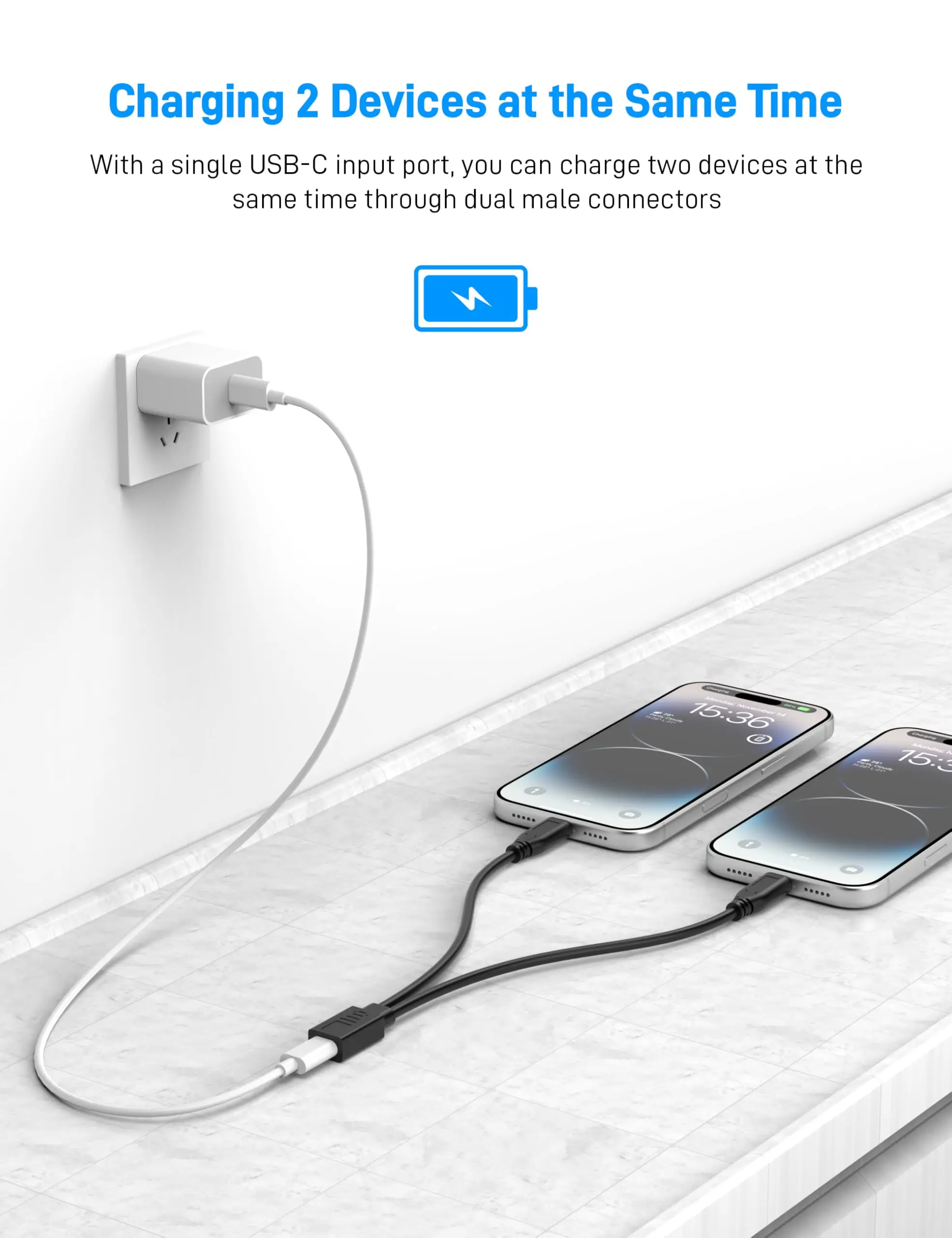 Cable Divisor USB C de 0.3m/1ft, 1 Entrada y 2 Salidas, USB C a Doble Puerto Tipo C Macho, Cable de Extensión para Carga (Solo para Cargar)