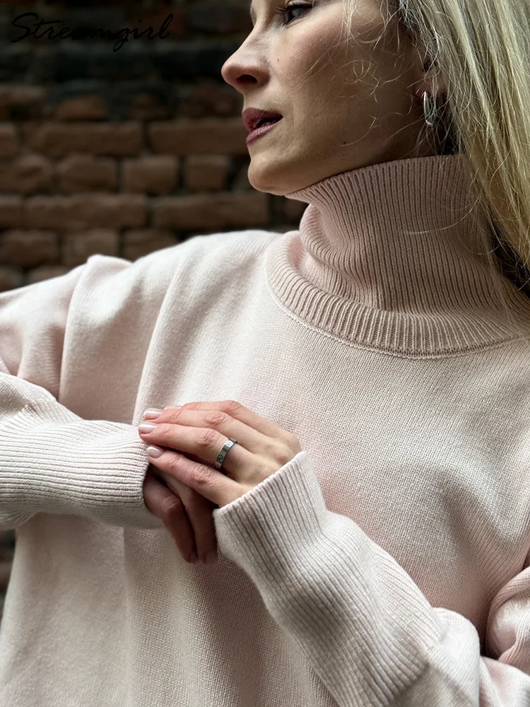 Suéter marrón de cuello alto para mujer, jerséis de otoño de gran tamaño, suéteres amarillos mantequilla, suéter holgado de punto con cuello de tortuga grueso para mujer
