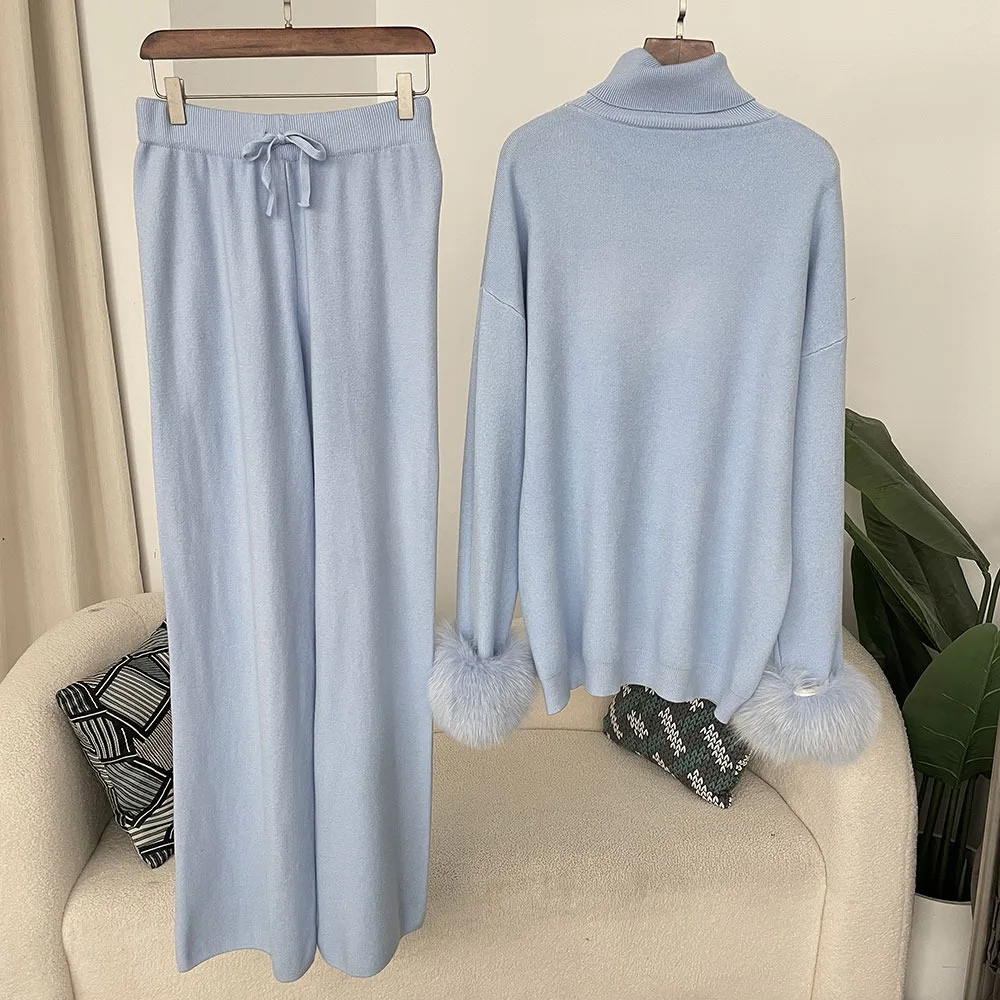 2024 nueva moda Otoño Invierno Natural piel de zorro Real puños abrigo tejido suéter mujeres pantalones largos conjunto chaqueta gruesa cálida