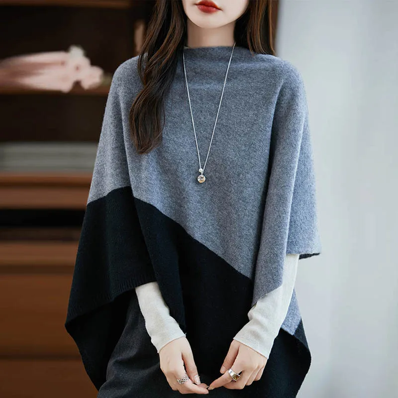 Capa de lana merina de 100% para mujer, jersey, chal Grace, estilo Simple, para oficina, capa larga y contrastante, Top de Cachemira para Otoño e Invierno
