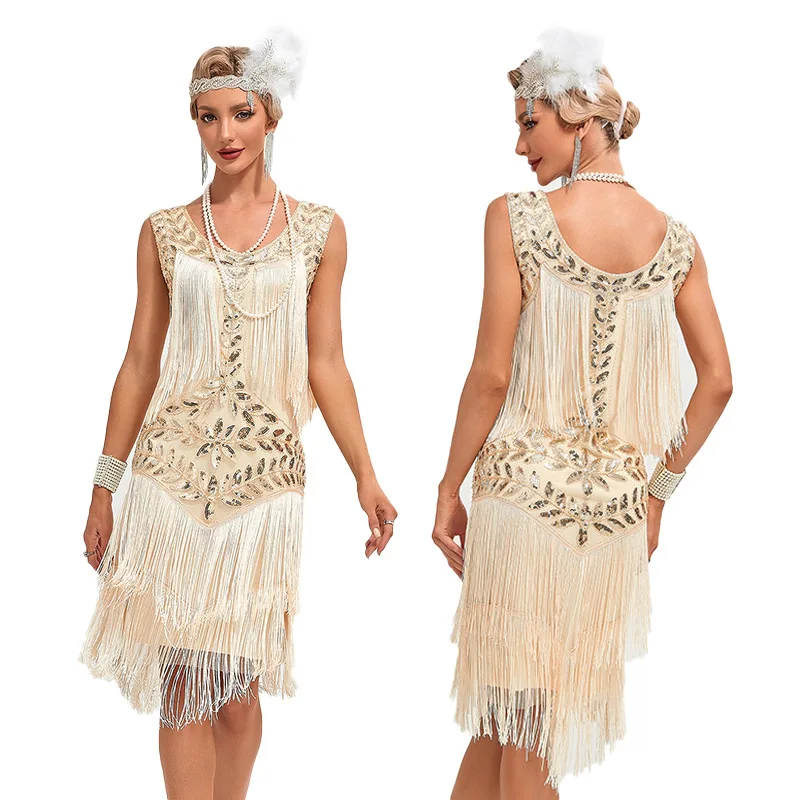 Vestido de baile de Gatsby Retro para mujer, vestido de cuello redondo, lentejuelas, cuentas, borla, chaleco, Falda de baile, Europa americana, 1920