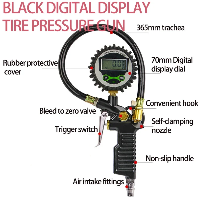 Probador de vehículo con retroiluminación de calibre con pantalla Digital LCD de 200 PSI, medidor de presión de neumáticos, inflador de neumáticos